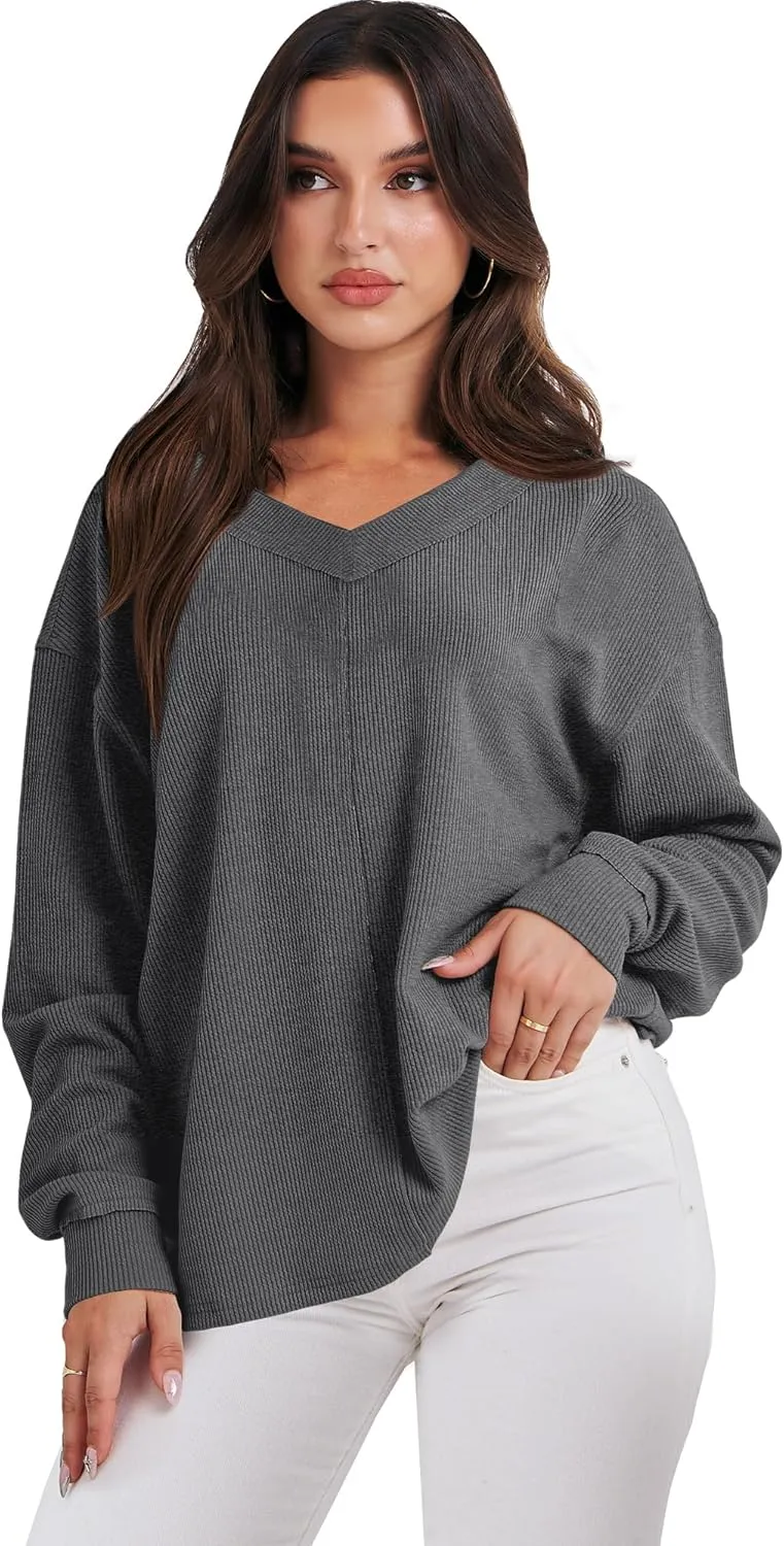 ANRABESS Oversized Long Sleeve Shirts for Women Off the Shoulder Sweatshirt Loose V Neck Tunic Tops High Low Sweater 2024