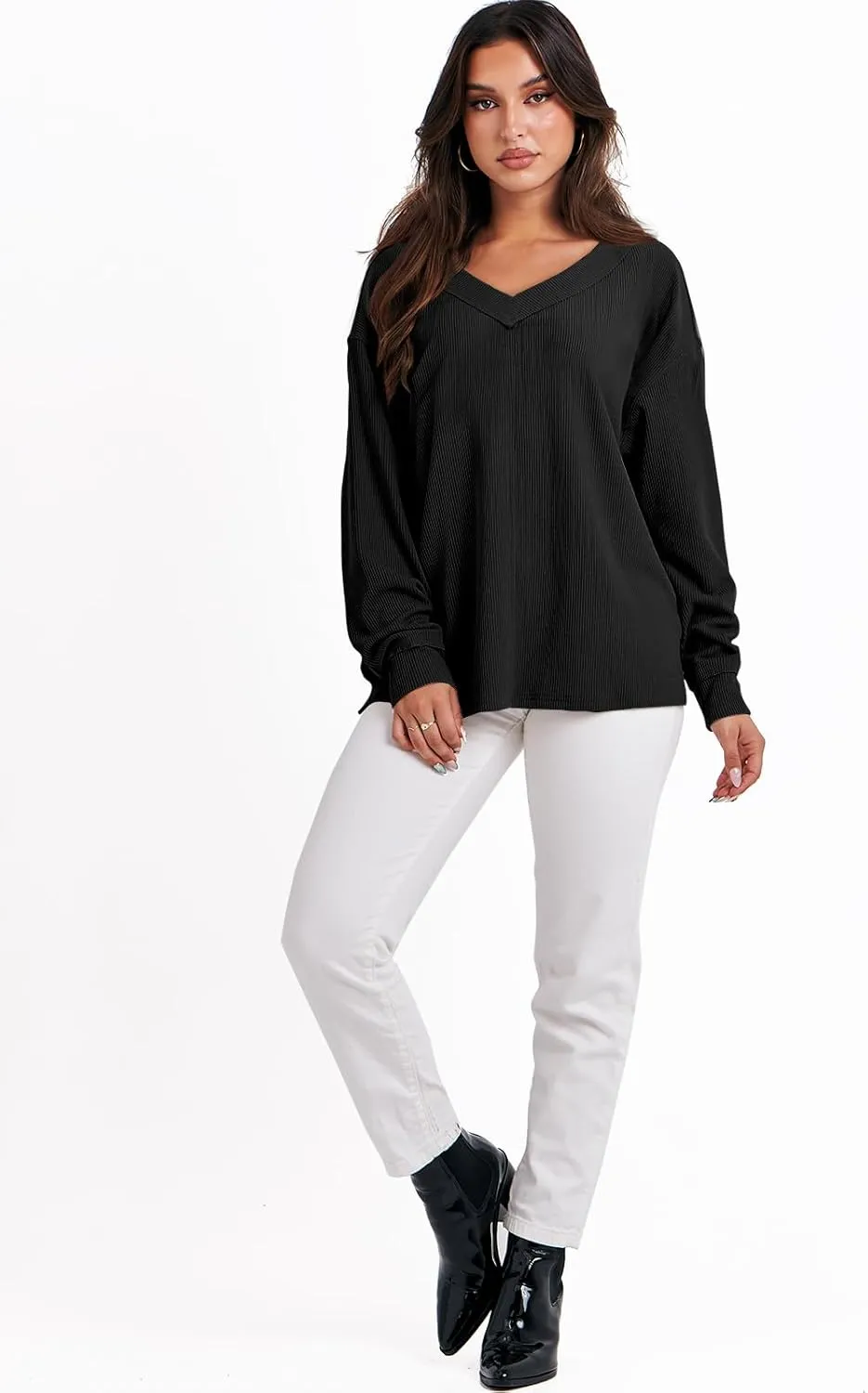 ANRABESS Oversized Long Sleeve Shirts for Women Off the Shoulder Sweatshirt Loose V Neck Tunic Tops High Low Sweater 2024