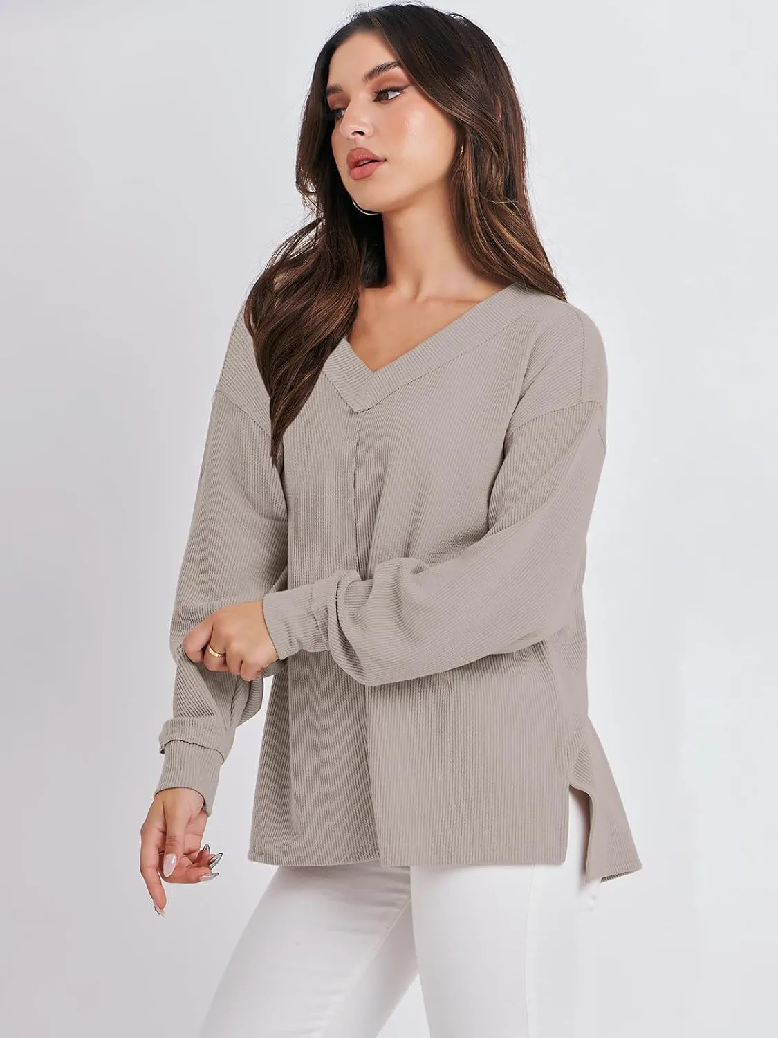 ANRABESS Oversized Long Sleeve Shirts for Women Off the Shoulder Sweatshirt Loose V Neck Tunic Tops High Low Sweater 2024