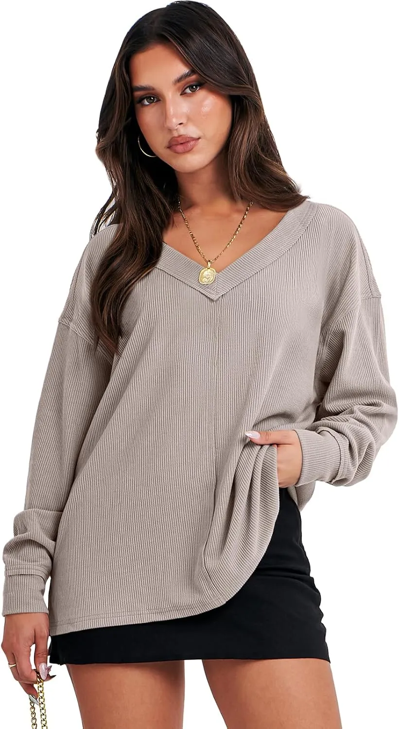 ANRABESS Oversized Long Sleeve Shirts for Women Off the Shoulder Sweatshirt Loose V Neck Tunic Tops High Low Sweater 2024