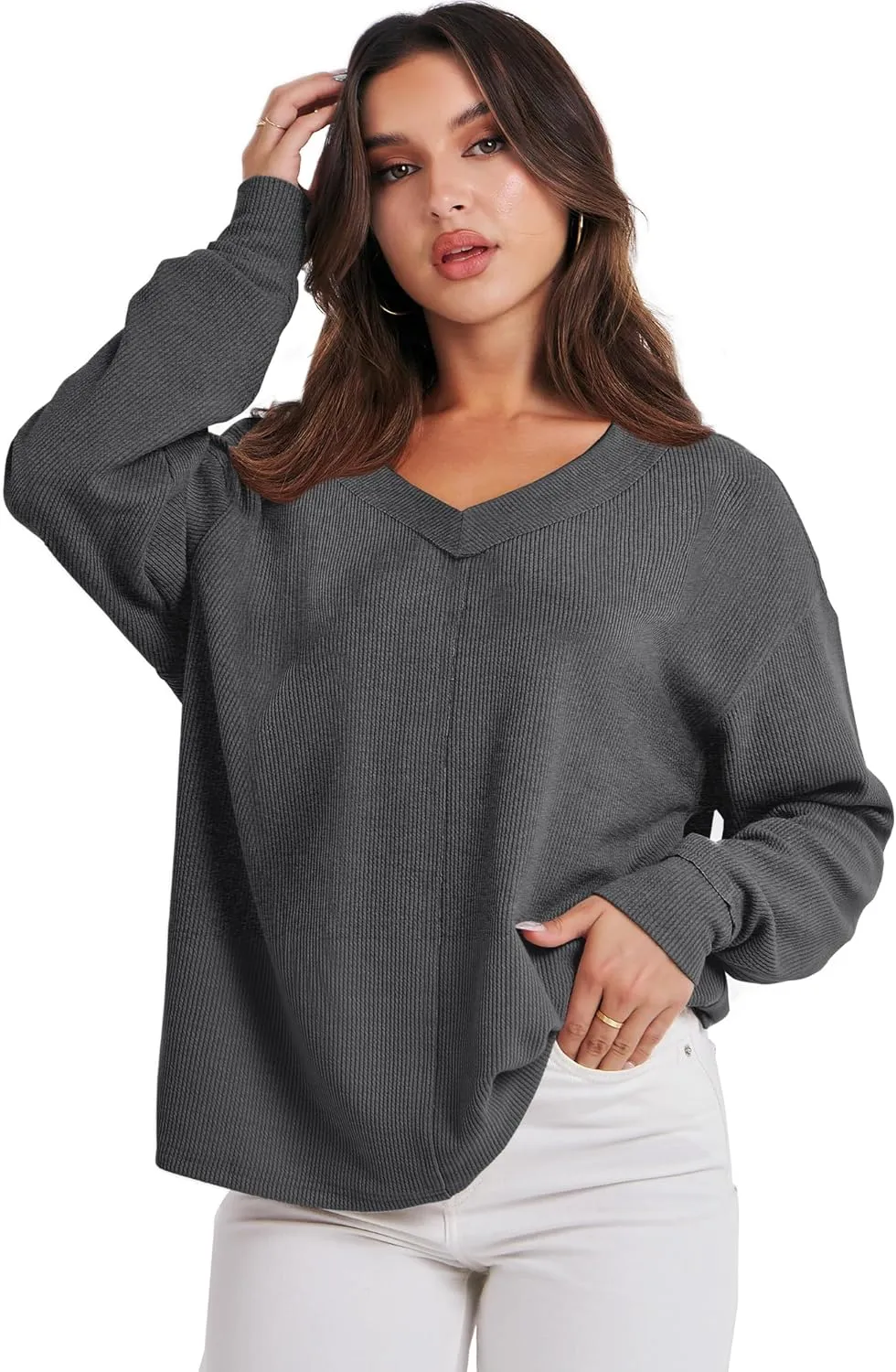 ANRABESS Oversized Long Sleeve Shirts for Women Off the Shoulder Sweatshirt Loose V Neck Tunic Tops High Low Sweater 2024