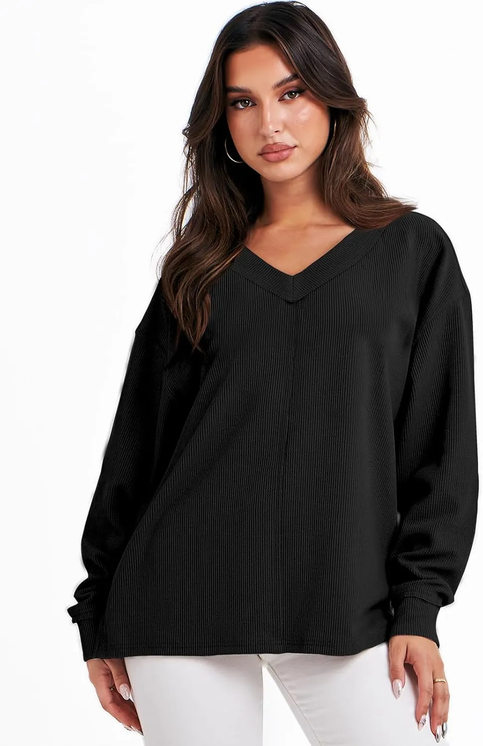 ANRABESS Oversized Long Sleeve Shirts for Women Off the Shoulder Sweatshirt Loose V Neck Tunic Tops High Low Sweater 2024