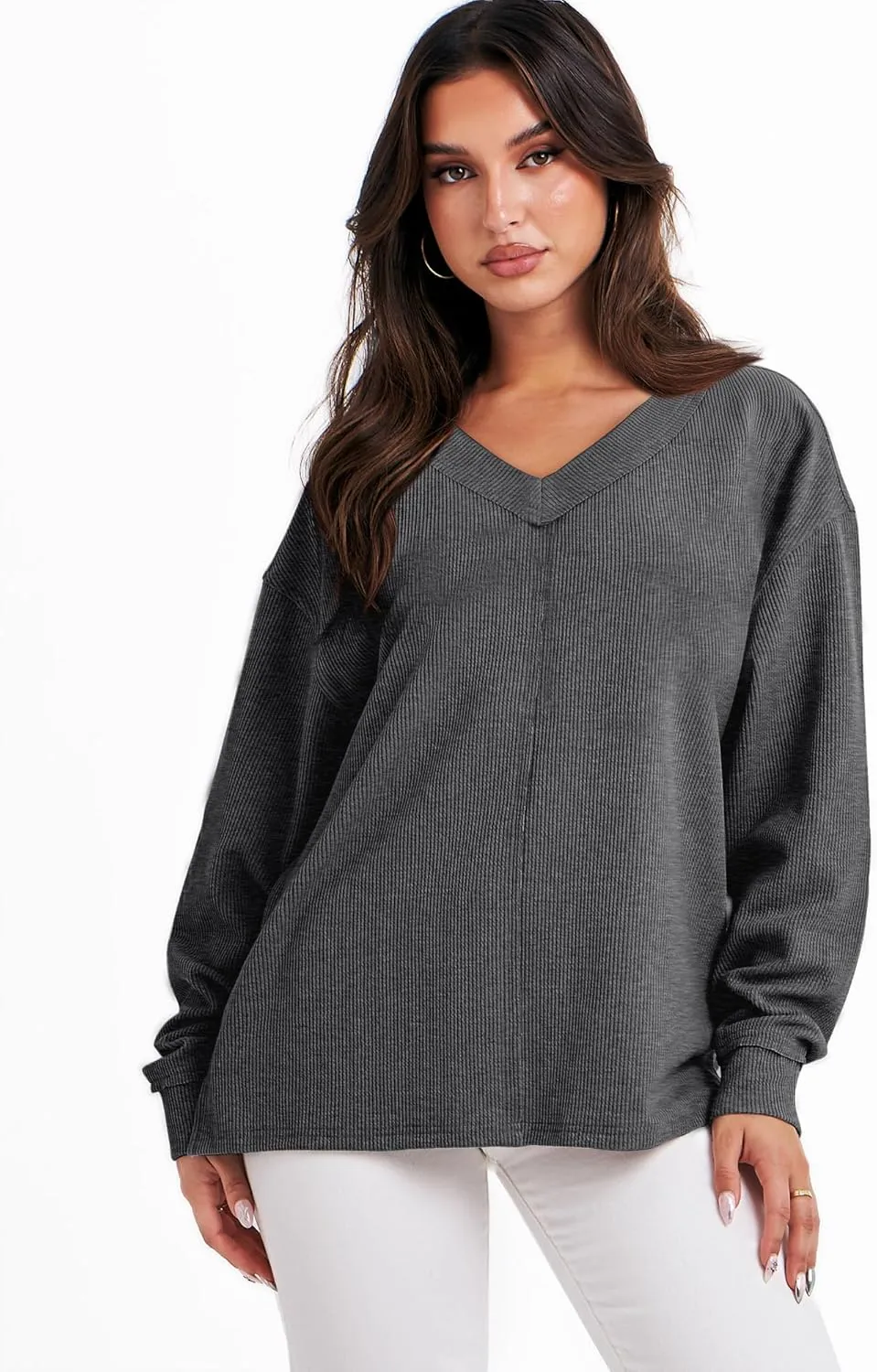 ANRABESS Oversized Long Sleeve Shirts for Women Off the Shoulder Sweatshirt Loose V Neck Tunic Tops High Low Sweater 2024