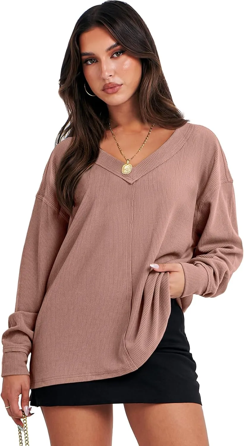 ANRABESS Oversized Long Sleeve Shirts for Women Off the Shoulder Sweatshirt Loose V Neck Tunic Tops High Low Sweater 2024