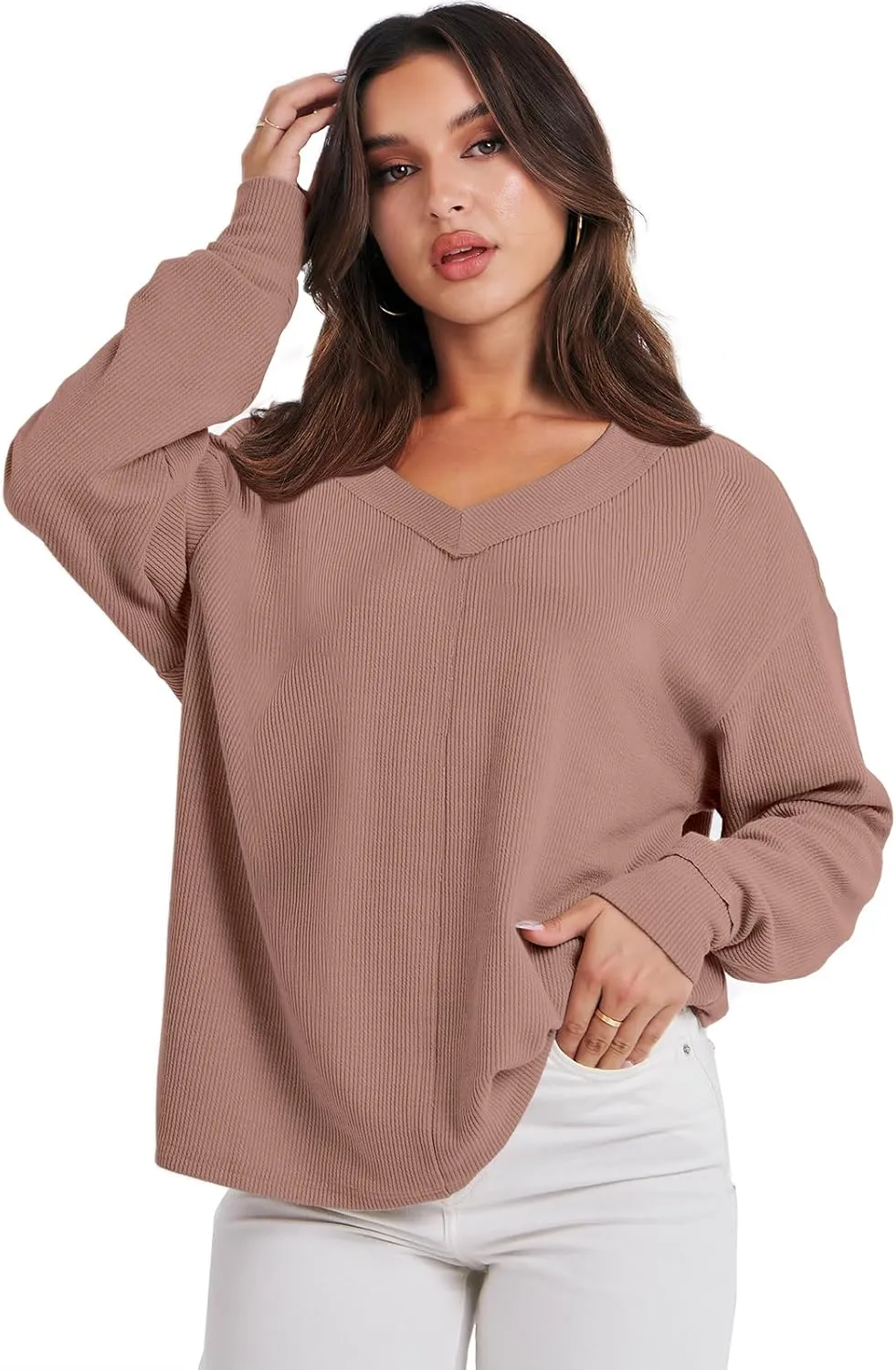 ANRABESS Oversized Long Sleeve Shirts for Women Off the Shoulder Sweatshirt Loose V Neck Tunic Tops High Low Sweater 2024