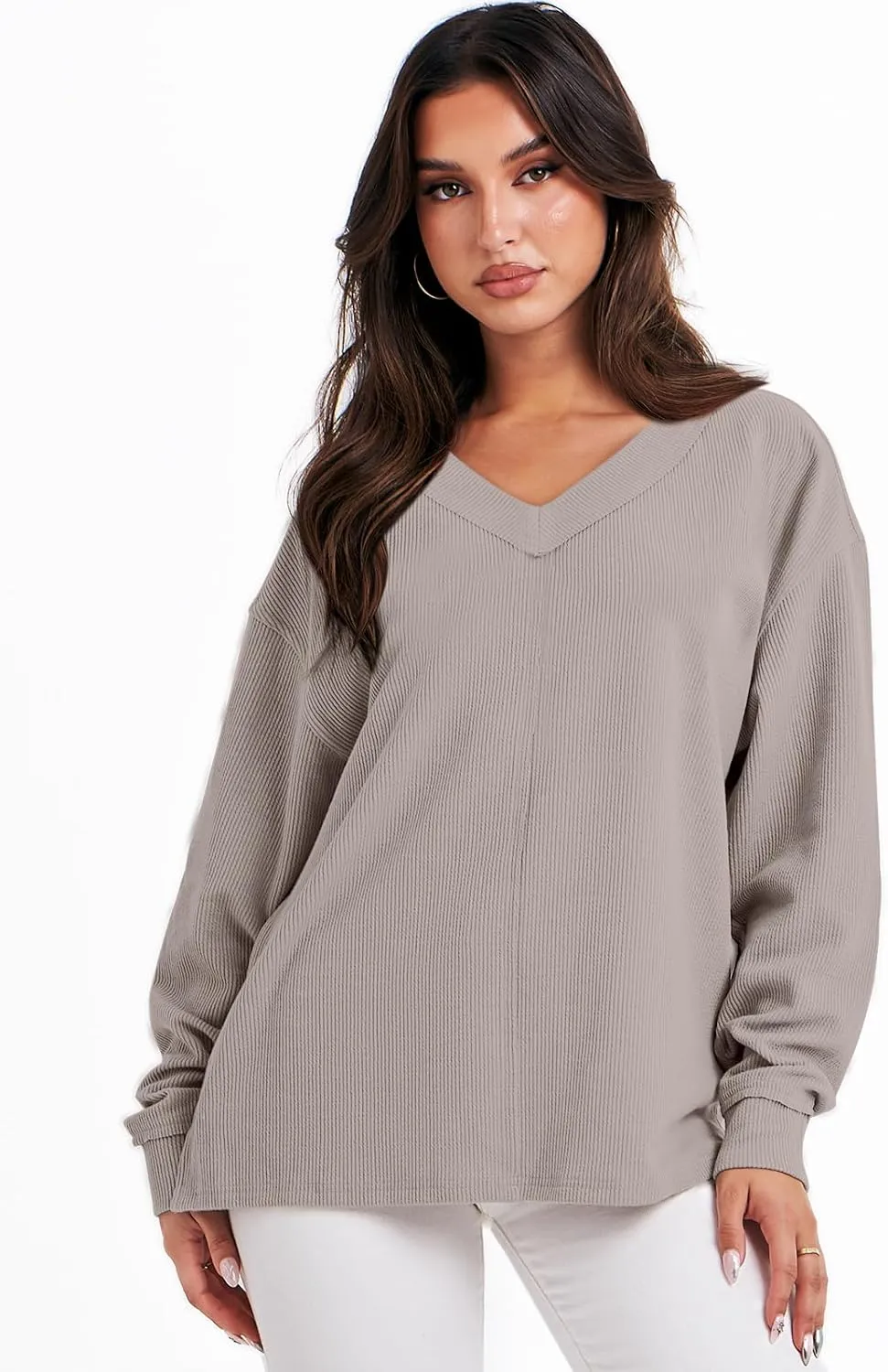 ANRABESS Oversized Long Sleeve Shirts for Women Off the Shoulder Sweatshirt Loose V Neck Tunic Tops High Low Sweater 2024