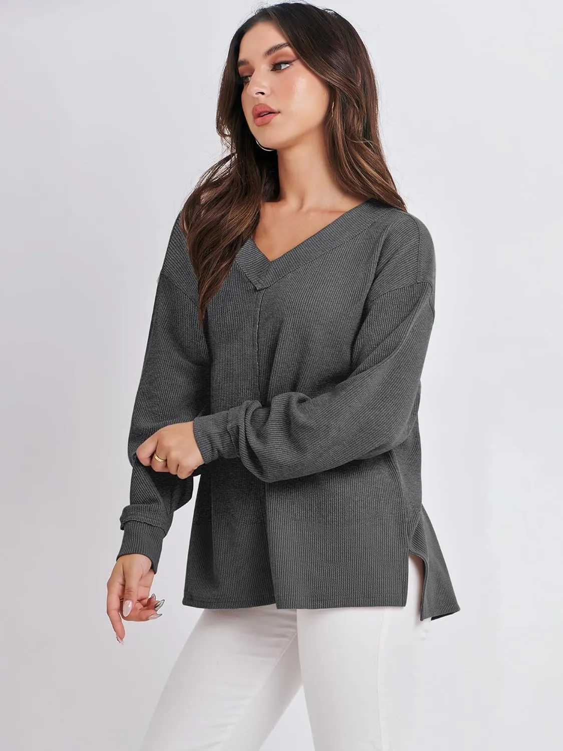 ANRABESS Oversized Long Sleeve Shirts for Women Off the Shoulder Sweatshirt Loose V Neck Tunic Tops High Low Sweater 2024