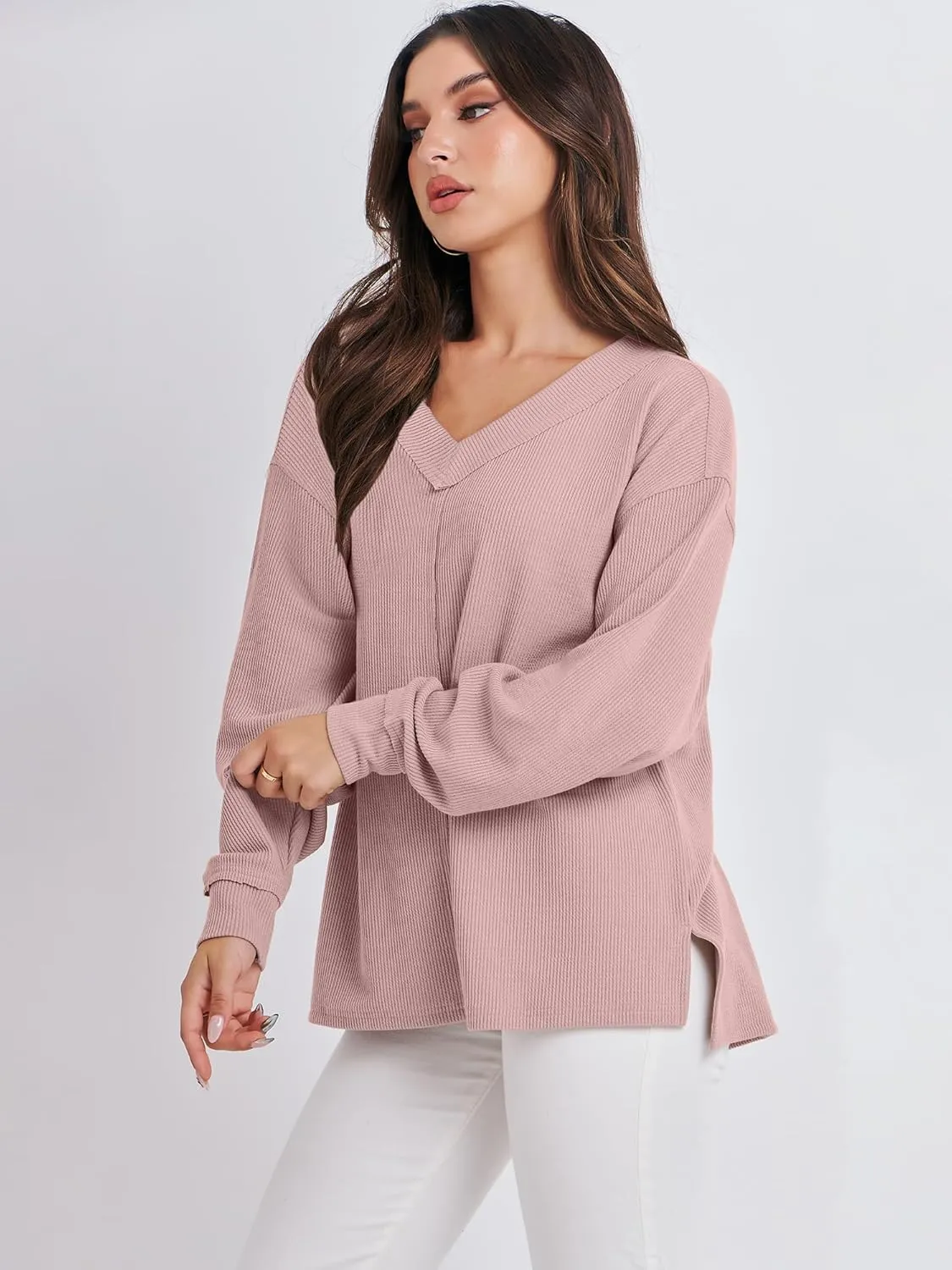 ANRABESS Oversized Long Sleeve Shirts for Women Off the Shoulder Sweatshirt Loose V Neck Tunic Tops High Low Sweater 2024