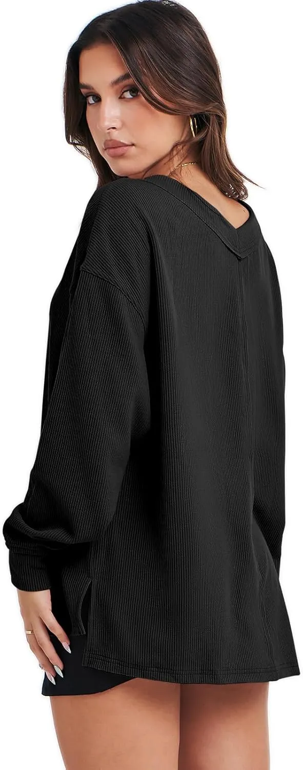 ANRABESS Oversized Long Sleeve Shirts for Women Off the Shoulder Sweatshirt Loose V Neck Tunic Tops High Low Sweater 2024