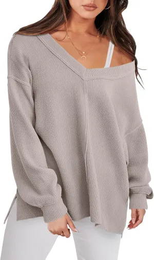 ANRABESS Oversized Long Sleeve Shirts for Women Off the Shoulder Sweatshirt Loose V Neck Tunic Tops High Low Sweater 2024