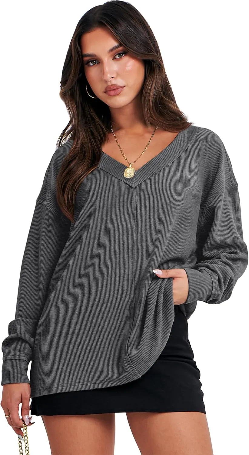 ANRABESS Oversized Long Sleeve Shirts for Women Off the Shoulder Sweatshirt Loose V Neck Tunic Tops High Low Sweater 2024