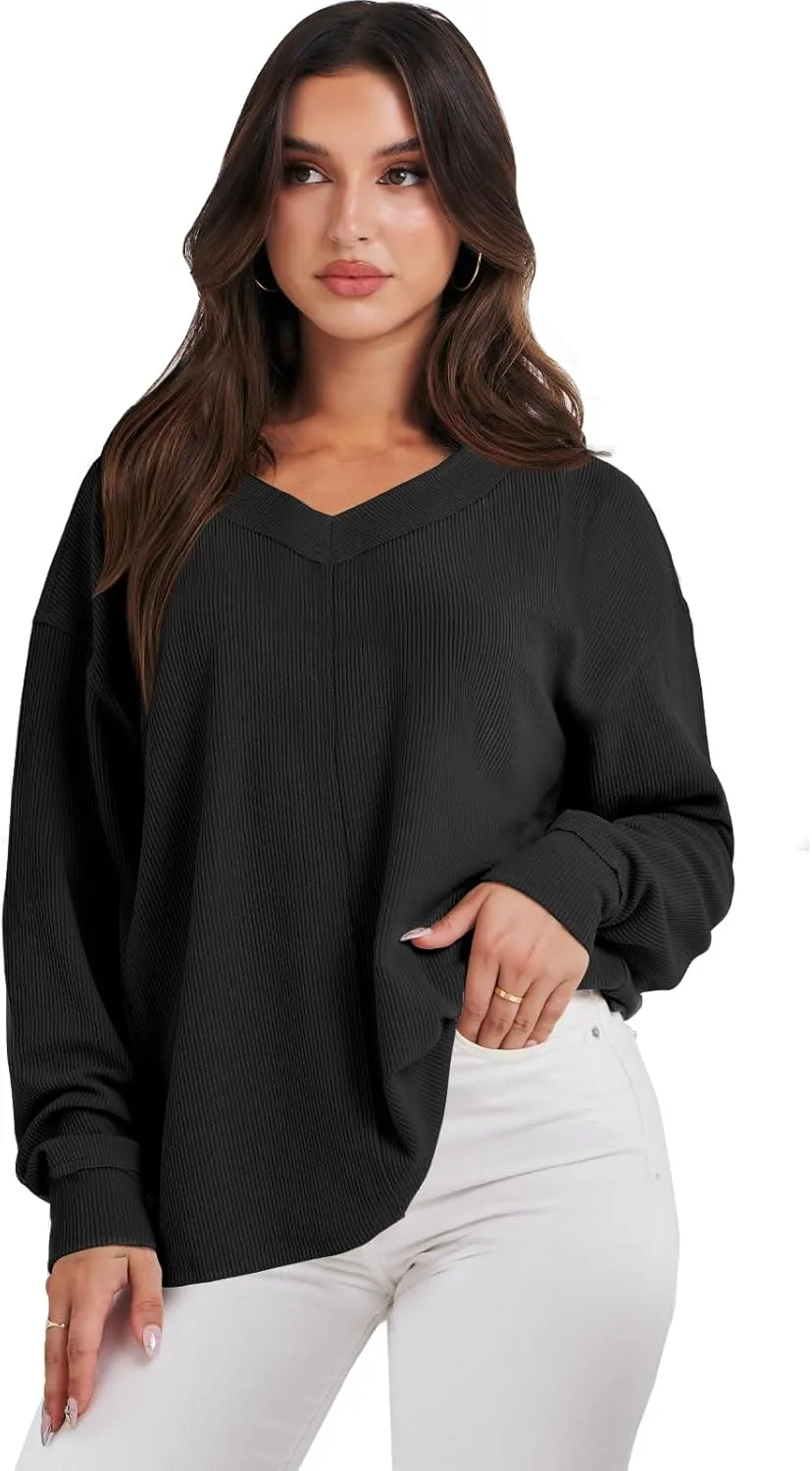 ANRABESS Oversized Long Sleeve Shirts for Women Off the Shoulder Sweatshirt Loose V Neck Tunic Tops High Low Sweater 2024