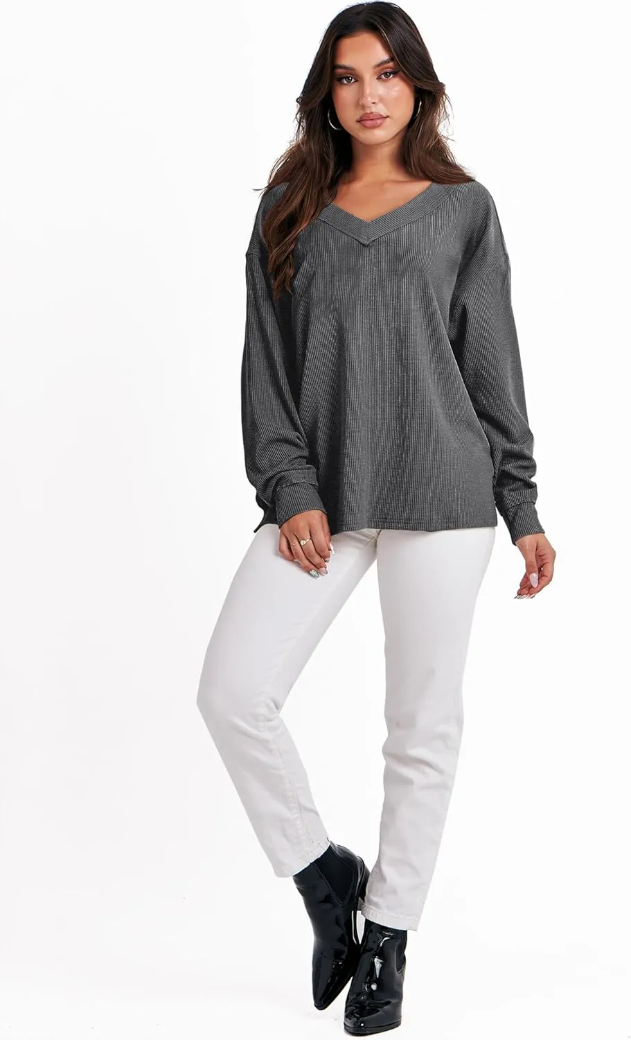 ANRABESS Oversized Long Sleeve Shirts for Women Off the Shoulder Sweatshirt Loose V Neck Tunic Tops High Low Sweater 2024