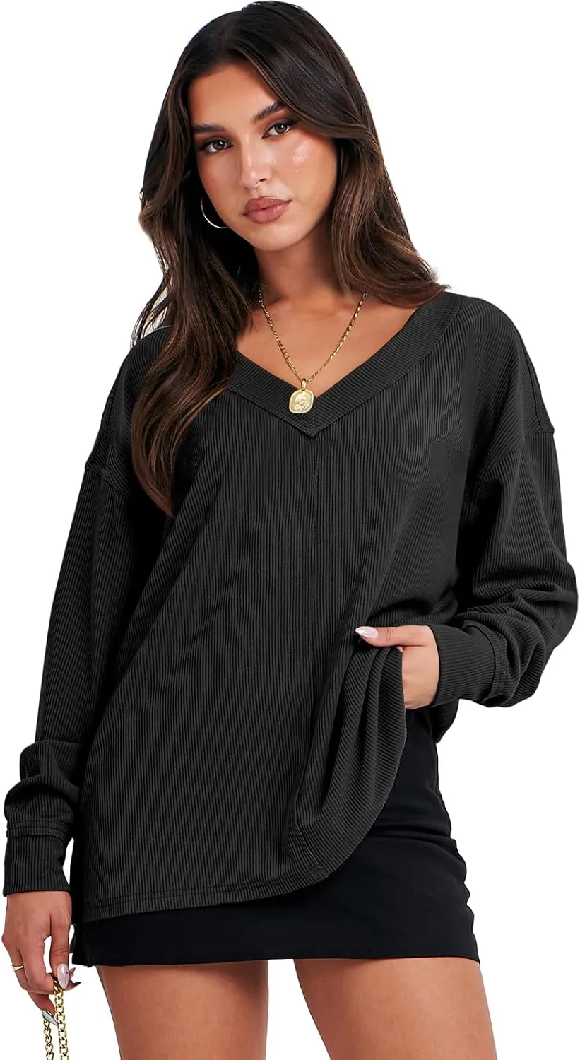 ANRABESS Oversized Long Sleeve Shirts for Women Off the Shoulder Sweatshirt Loose V Neck Tunic Tops High Low Sweater 2024