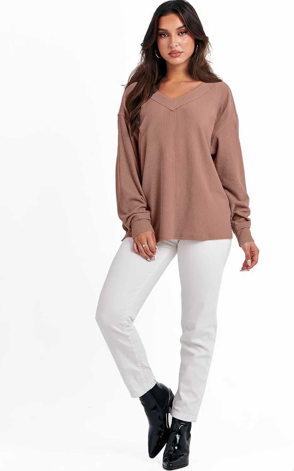 ANRABESS Oversized Long Sleeve Shirts for Women Off the Shoulder Sweatshirt Loose V Neck Tunic Tops High Low Sweater 2024