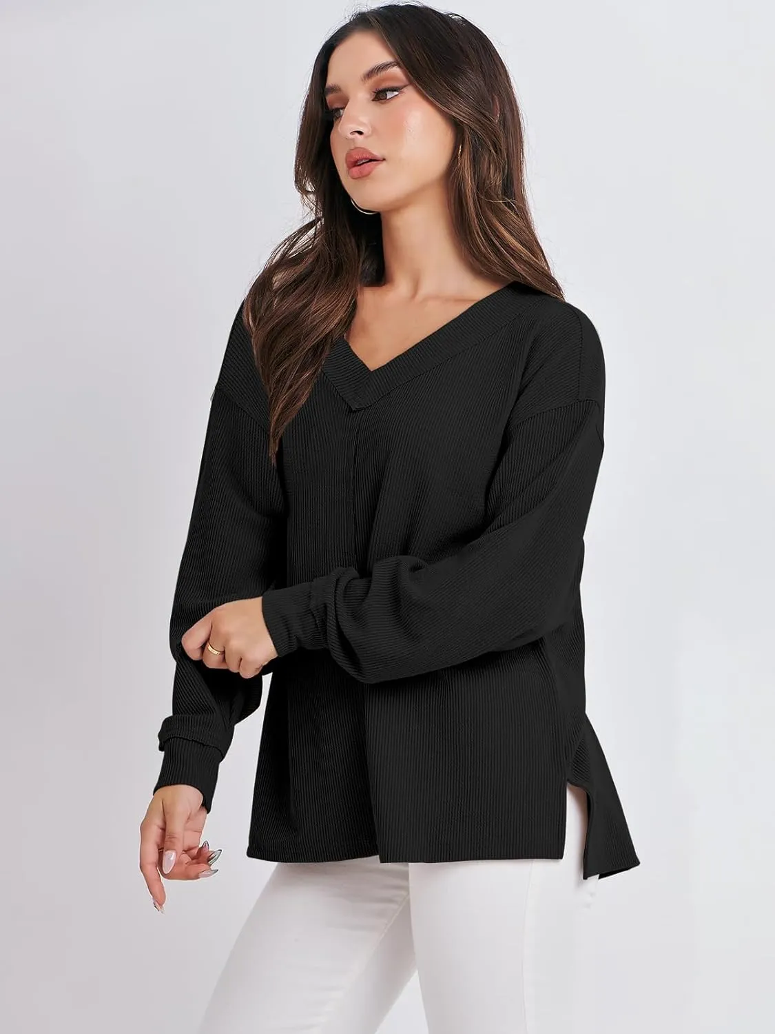 ANRABESS Oversized Long Sleeve Shirts for Women Off the Shoulder Sweatshirt Loose V Neck Tunic Tops High Low Sweater 2024