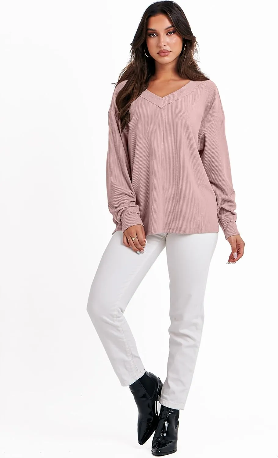 ANRABESS Oversized Long Sleeve Shirts for Women Off the Shoulder Sweatshirt Loose V Neck Tunic Tops High Low Sweater 2024