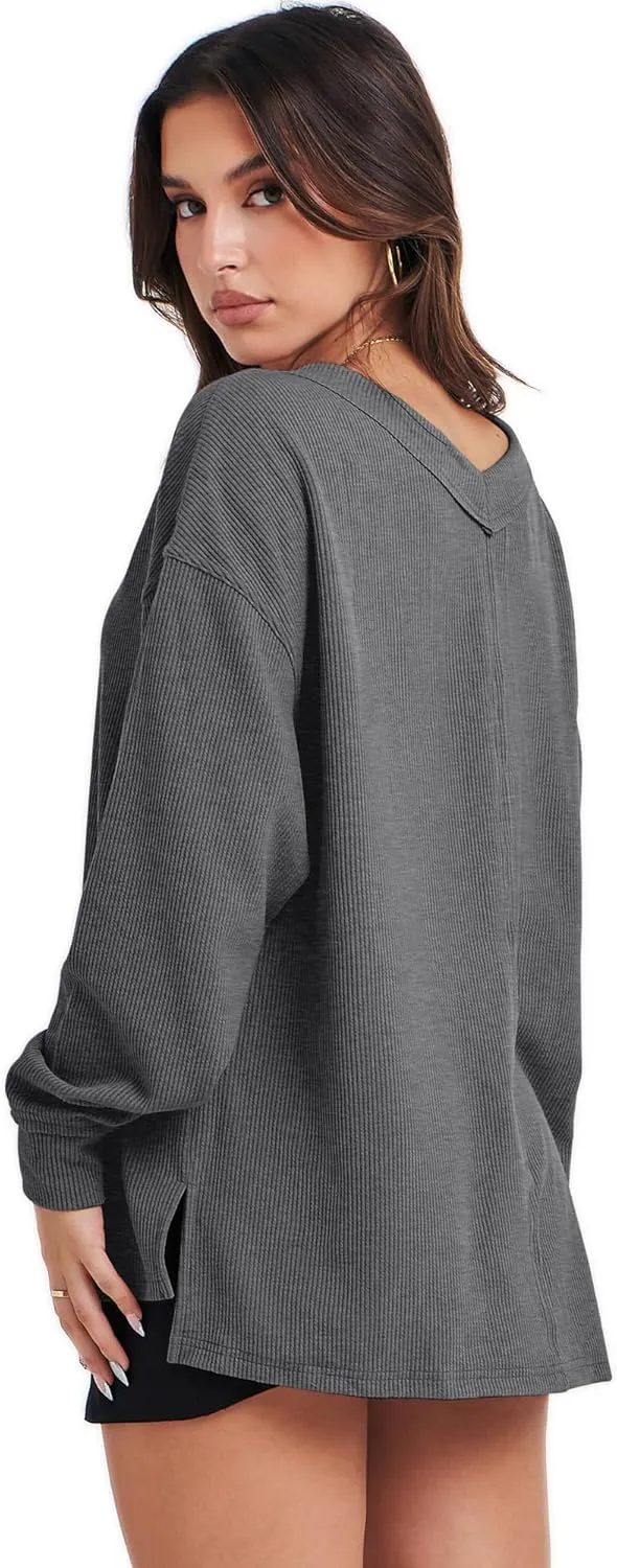 ANRABESS Oversized Long Sleeve Shirts for Women Off the Shoulder Sweatshirt Loose V Neck Tunic Tops High Low Sweater 2024