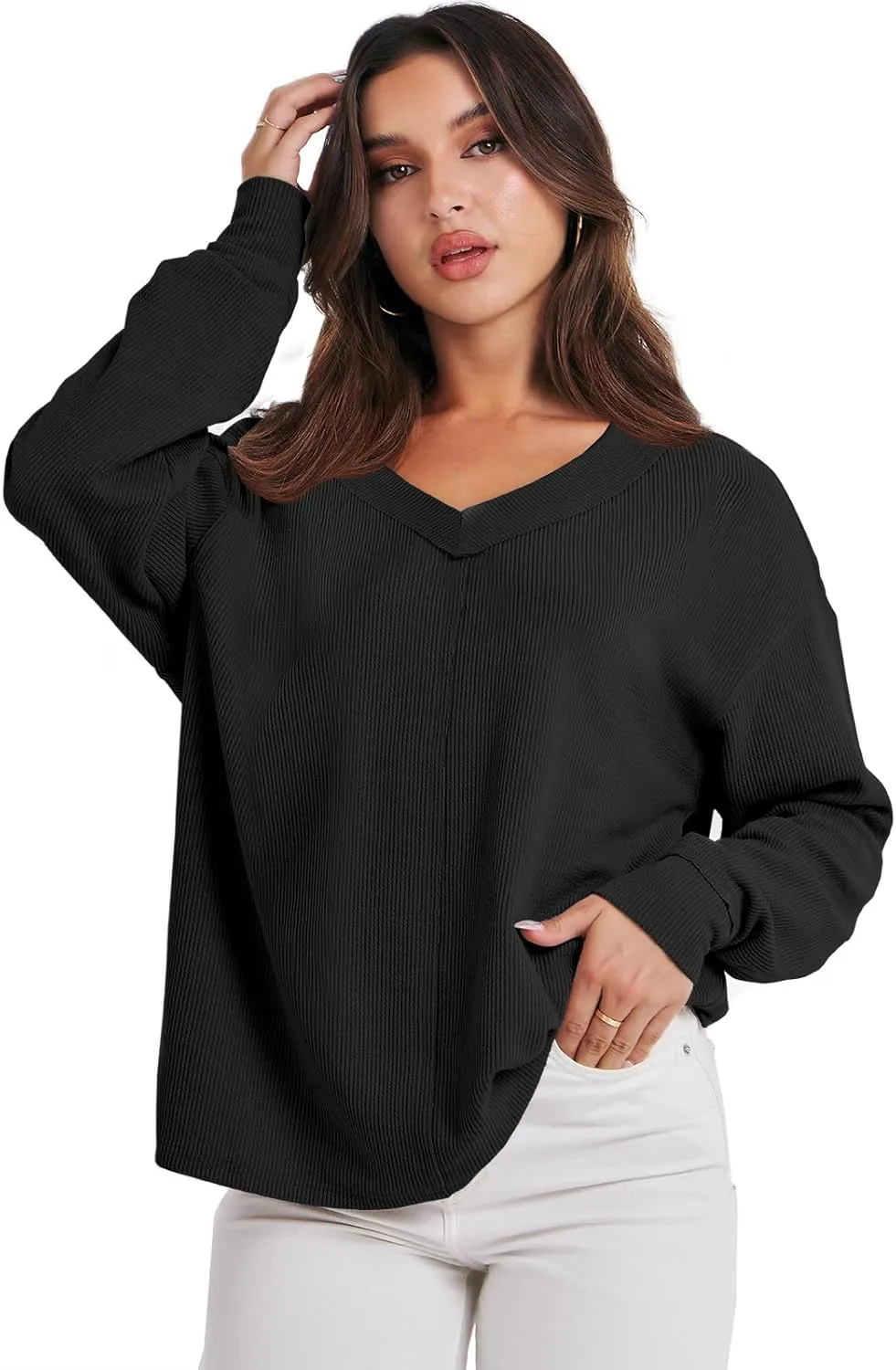 ANRABESS Oversized Long Sleeve Shirts for Women Off the Shoulder Sweatshirt Loose V Neck Tunic Tops High Low Sweater 2024