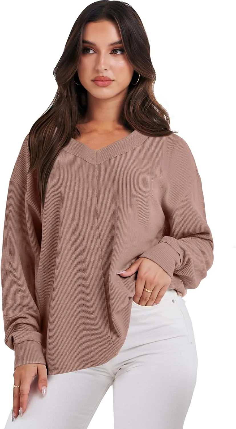 ANRABESS Oversized Long Sleeve Shirts for Women Off the Shoulder Sweatshirt Loose V Neck Tunic Tops High Low Sweater 2024