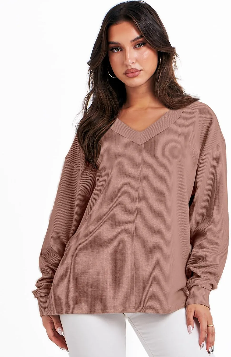 ANRABESS Oversized Long Sleeve Shirts for Women Off the Shoulder Sweatshirt Loose V Neck Tunic Tops High Low Sweater 2024