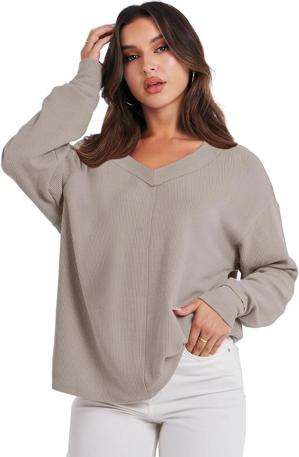 ANRABESS Oversized Long Sleeve Shirts for Women Off the Shoulder Sweatshirt Loose V Neck Tunic Tops High Low Sweater 2024
