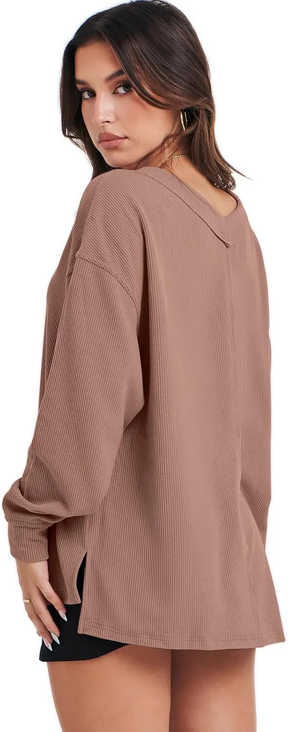ANRABESS Oversized Long Sleeve Shirts for Women Off the Shoulder Sweatshirt Loose V Neck Tunic Tops High Low Sweater 2024