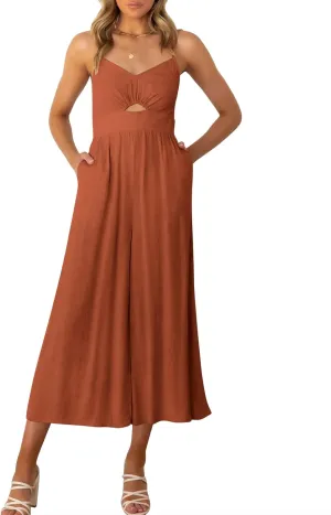 ANRABESS Womens Jumpsuit Summer Beach Vacation Romper 2025 V Neck Sleevelsee Spaghetti Strap Cutout Linen Wide Leg Clothes