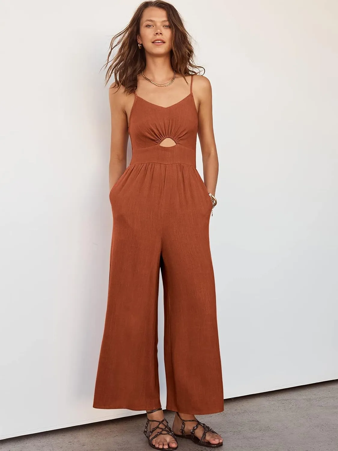 ANRABESS Womens Jumpsuit Summer Beach Vacation Romper 2025 V Neck Sleevelsee Spaghetti Strap Cutout Linen Wide Leg Clothes