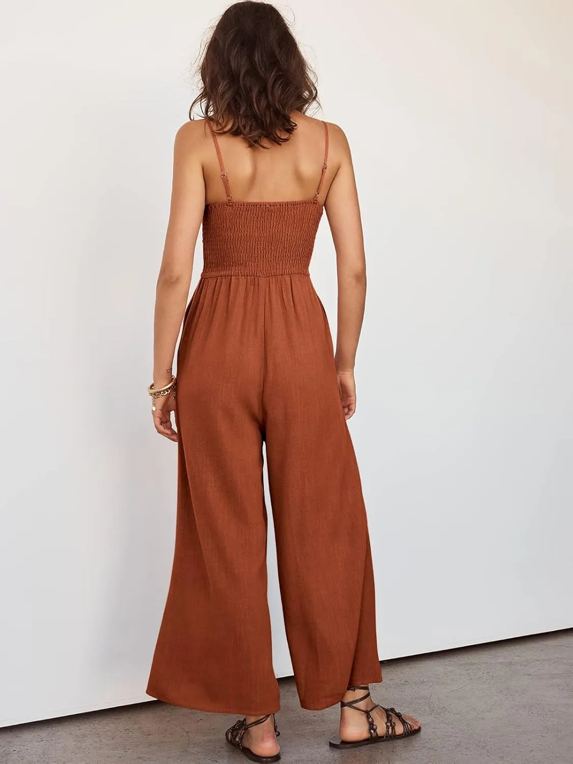 ANRABESS Womens Jumpsuit Summer Beach Vacation Romper 2025 V Neck Sleevelsee Spaghetti Strap Cutout Linen Wide Leg Clothes