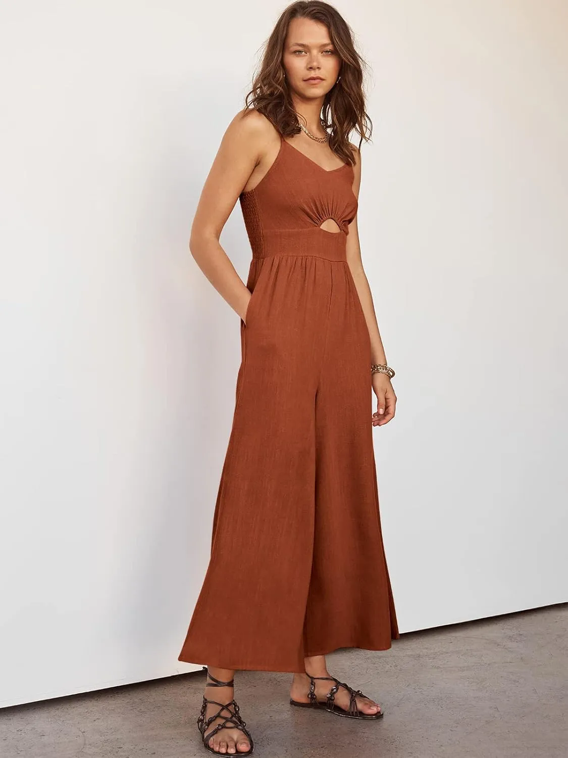 ANRABESS Womens Jumpsuit Summer Beach Vacation Romper 2025 V Neck Sleevelsee Spaghetti Strap Cutout Linen Wide Leg Clothes