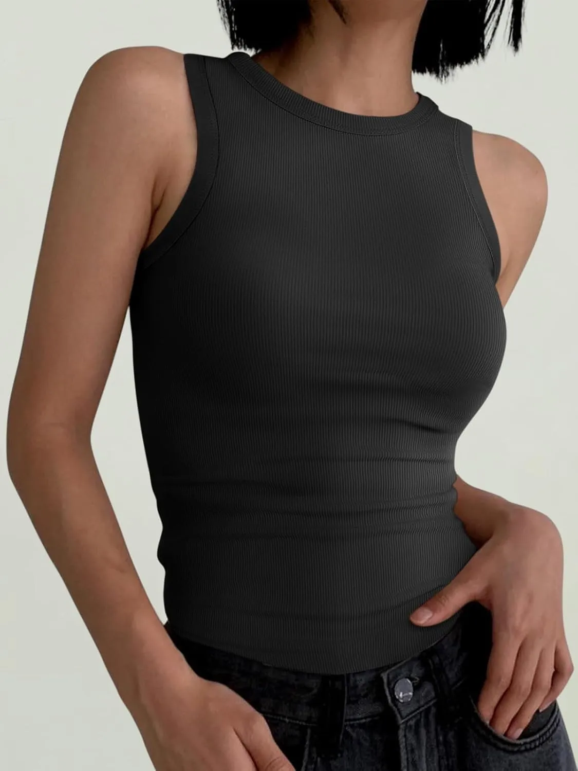 ANRABESS Womens Sleeveless High Neck Tank Tops Fashion Summer Casual Basic Slim Fit Ribbed Racerback Top Shirt Clothes