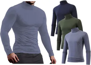 ANUFER Mens 3 Pack Long Sleeve Compression Shirts - Sports Running Base Layer Tops - Thermal Mock Neck Undershirts
