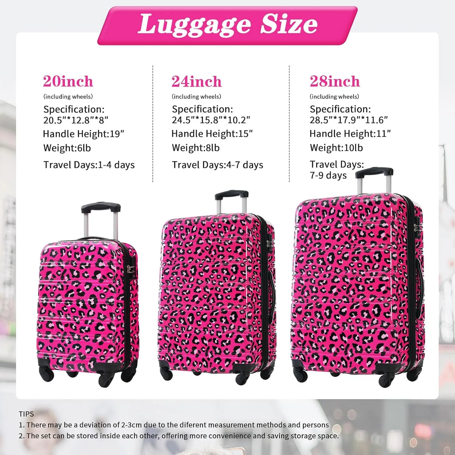 Anwick Leopard Luggage Sets for Women, Travel Luggage Set, Expandable Suitcases with Wheels, Carry On Rolling Suitcase, TSA Lock, 3-Piece Set (20/24/28) (Hot Pink Leopard)