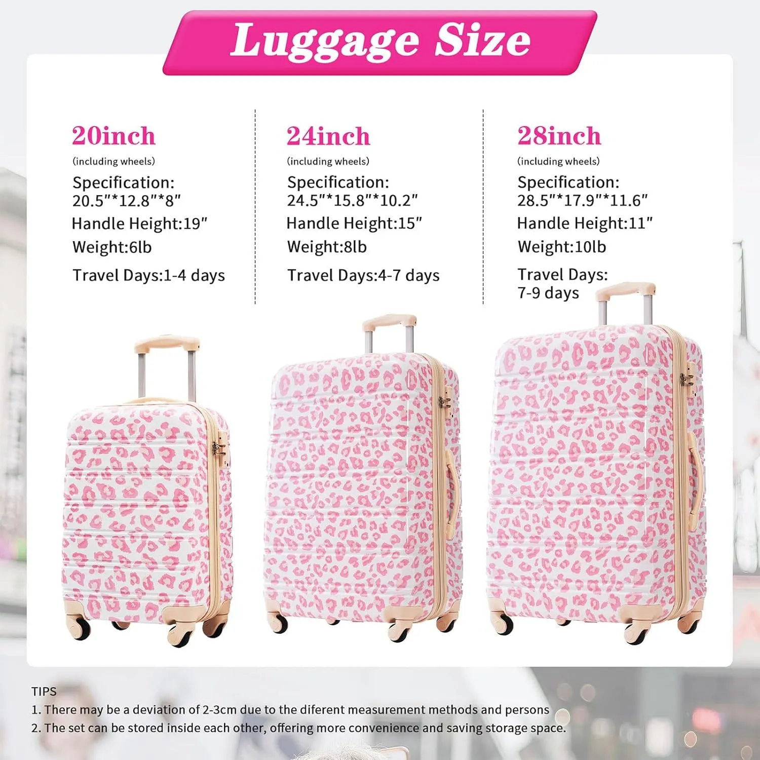 Anwick Leopard Luggage Sets for Women, Travel Luggage Set, Expandable Suitcases with Wheels, Carry On Rolling Suitcase, TSA Lock, 3-Piece Set (20/24/28) (Pink Leopard)