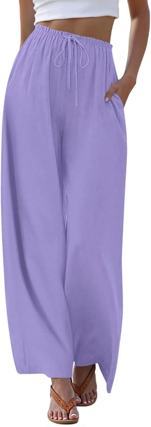 Anymeet Women's Linen Summer Palazzo Pants Flowy Wide Leg Beach Trousers M-3XL