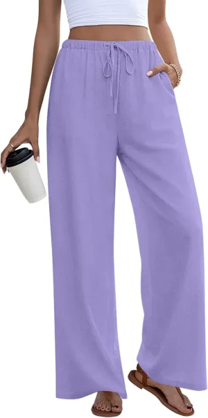Anymeet Women's Linen Summer Palazzo Pants Flowy Wide Leg Beach Trousers M-3XL