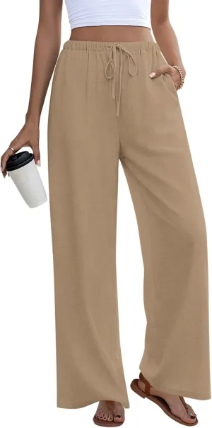 Anymeet Women's Linen Summer Palazzo Pants Flowy Wide Leg Beach Trousers M-3XL