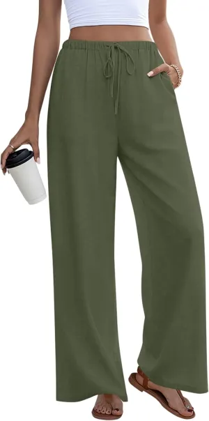 Anymeet Women's Linen Summer Palazzo Pants Flowy Wide Leg Beach Trousers M-3XL
