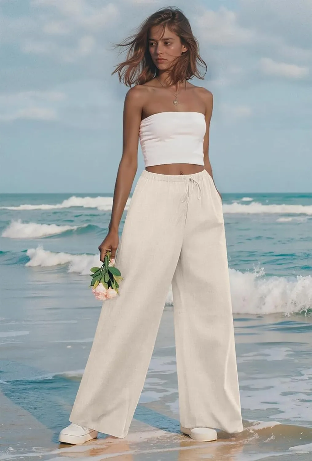 Anymeet Women's Linen Summer Palazzo Pants Flowy Wide Leg Beach Trousers M-3XL