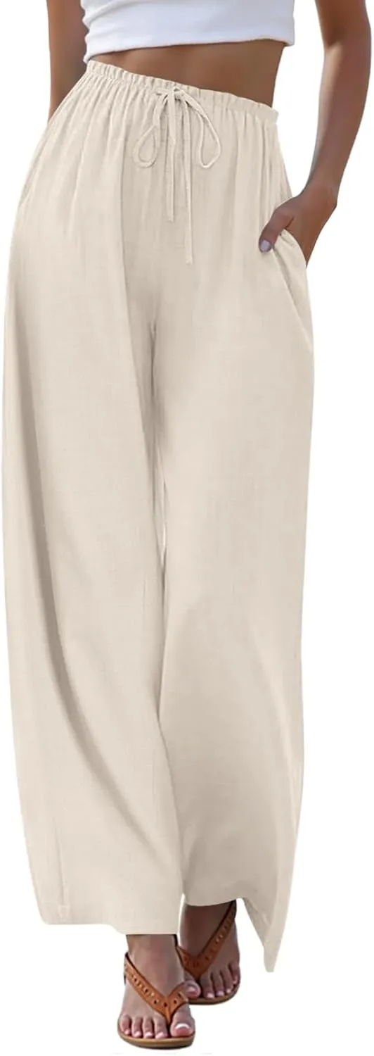 Anymeet Women's Linen Summer Palazzo Pants Flowy Wide Leg Beach Trousers M-3XL
