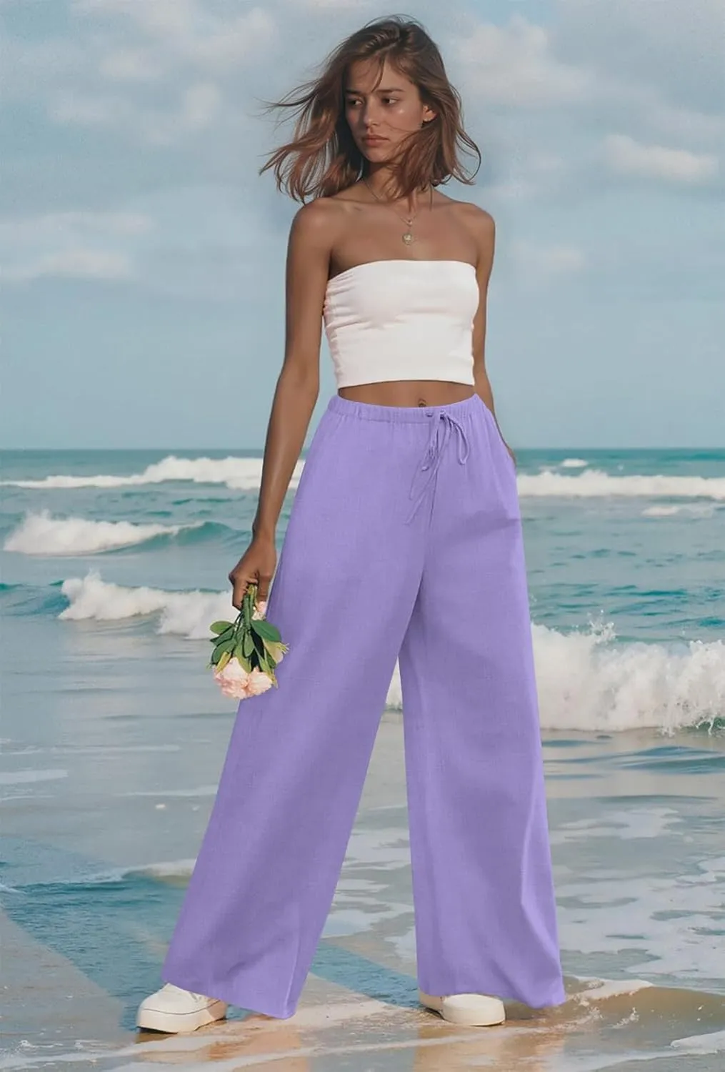 Anymeet Women's Linen Summer Palazzo Pants Flowy Wide Leg Beach Trousers M-3XL