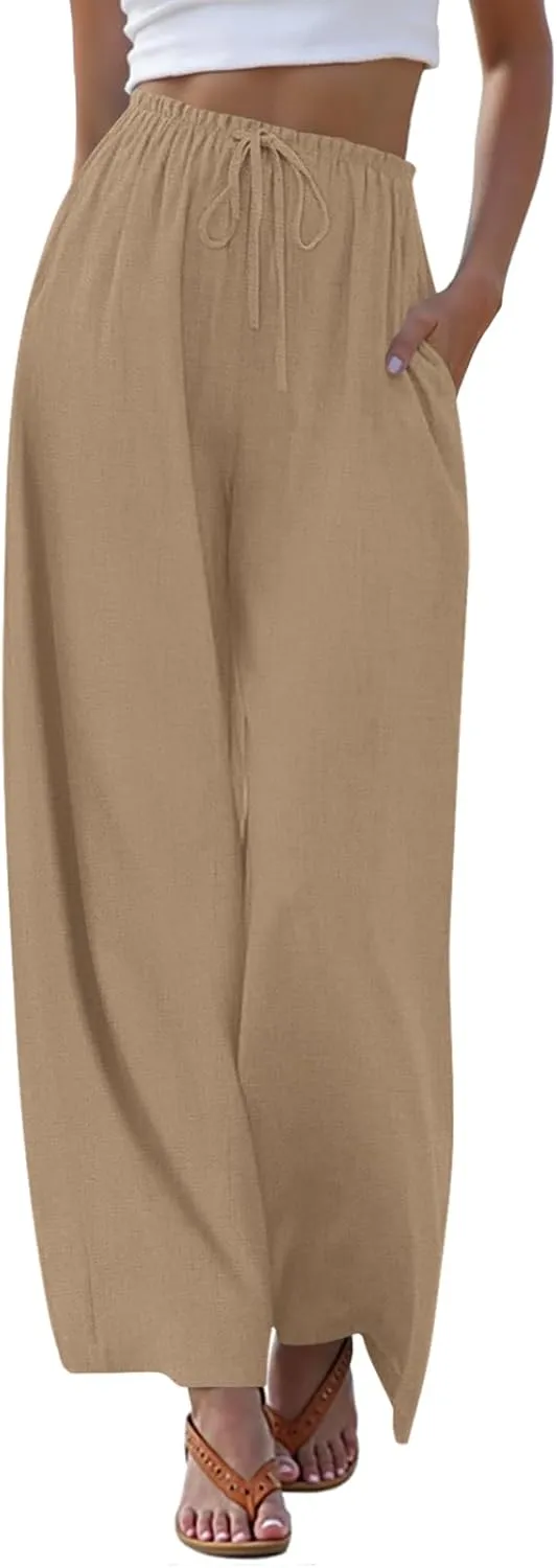 Anymeet Women's Linen Summer Palazzo Pants Flowy Wide Leg Beach Trousers M-3XL