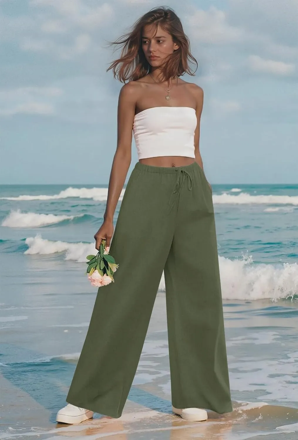 Anymeet Women's Linen Summer Palazzo Pants Flowy Wide Leg Beach Trousers M-3XL