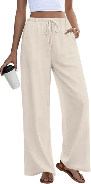 Anymeet Women's Linen Summer Palazzo Pants Flowy Wide Leg Beach Trousers M-3XL