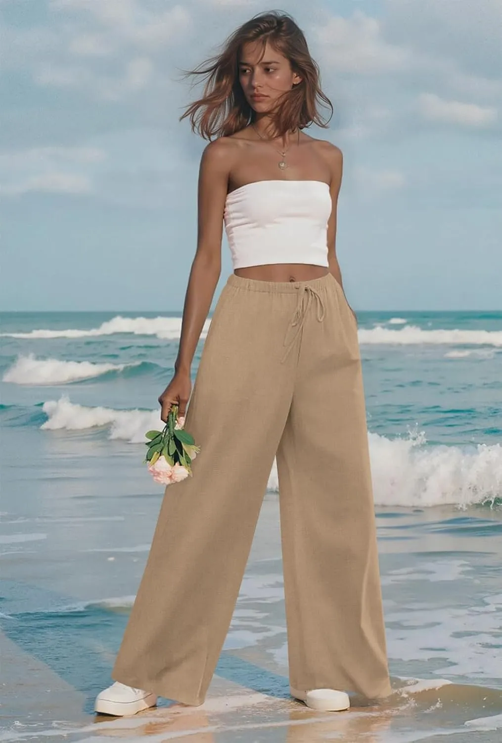 Anymeet Women's Linen Summer Palazzo Pants Flowy Wide Leg Beach Trousers M-3XL