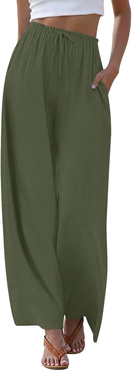 Anymeet Women's Linen Summer Palazzo Pants Flowy Wide Leg Beach Trousers M-3XL