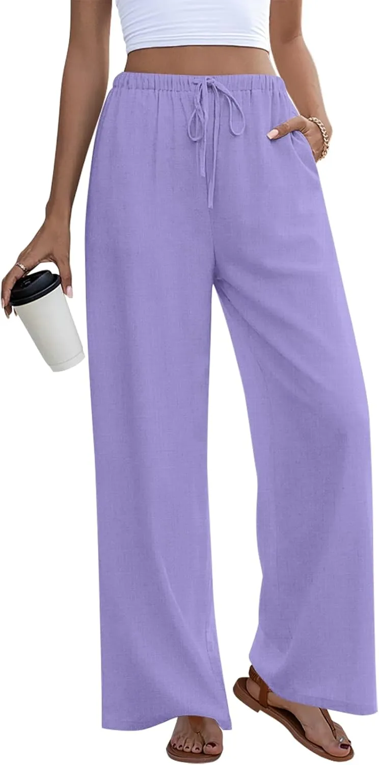 Anymeet Women's Linen Summer Palazzo Pants Flowy Wide Leg Beach Trousers M-3XL