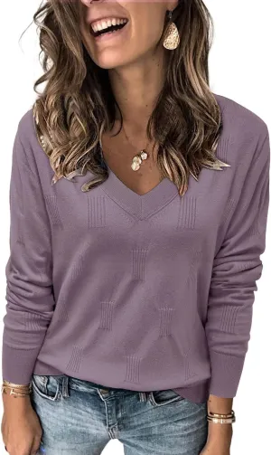 Arach&Cloz Women 2025 Fashion V Neck Long Sleeve Shirts Blouse Knit Casual Pullover Spring Sweater Top Cozy Clouds XS-3XL