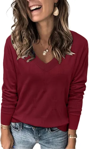 Arach&Cloz Women 2025 Fashion V Neck Long Sleeve Shirts Blouse Knit Casual Pullover Spring Sweater Top Cozy Clouds XS-3XL